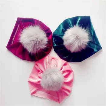 

Boutique ins 10pcs Fashion Newborn Fur Pom Pom Velvet Indian Turban Hats Bandanas Fuzzy Ball Cap Headbands Hair Wrap Accessories