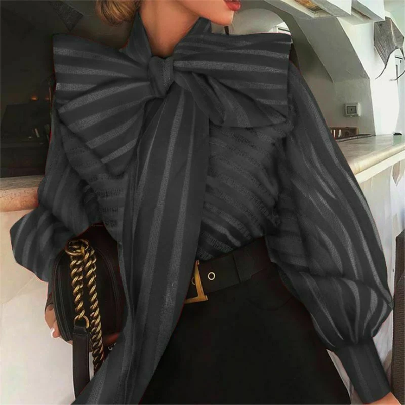 Women Mesh Sheer Striped Blouse See-through Long Sleeve Top Shirt Fashion Elegant Big Bowknot Black Red Shirt Female Blusas Women Mesh Sheer Striped Blouse See-through Long Sleeve Top Shirt Fashion Elegant Big Bowknot Black Red Shirt Female Blusas