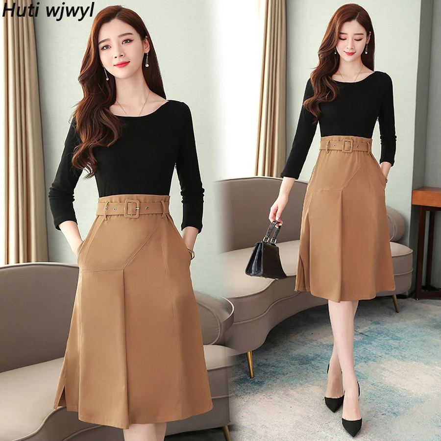 

2019 Vintage Chic Fake Two Piece Midi Dresses Autumn Winter 3XL Plus Size Long Sleeve Dress Elegant Women Bodycon Party Vestidos