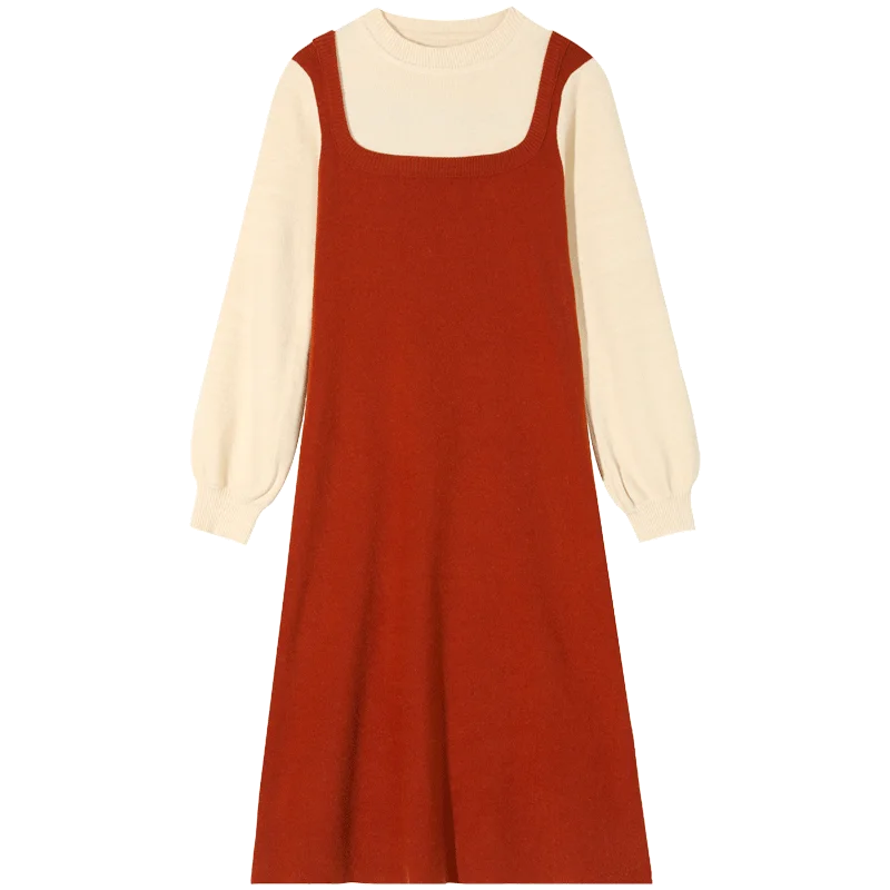 Caramel ELFSACK, черное однотонное трикотажное обтягивающее платье-комбинация для женщин,, зимнее повседневное офисное платье с рукавами-фонариками, имитация двух частей - Цвет: Caramel