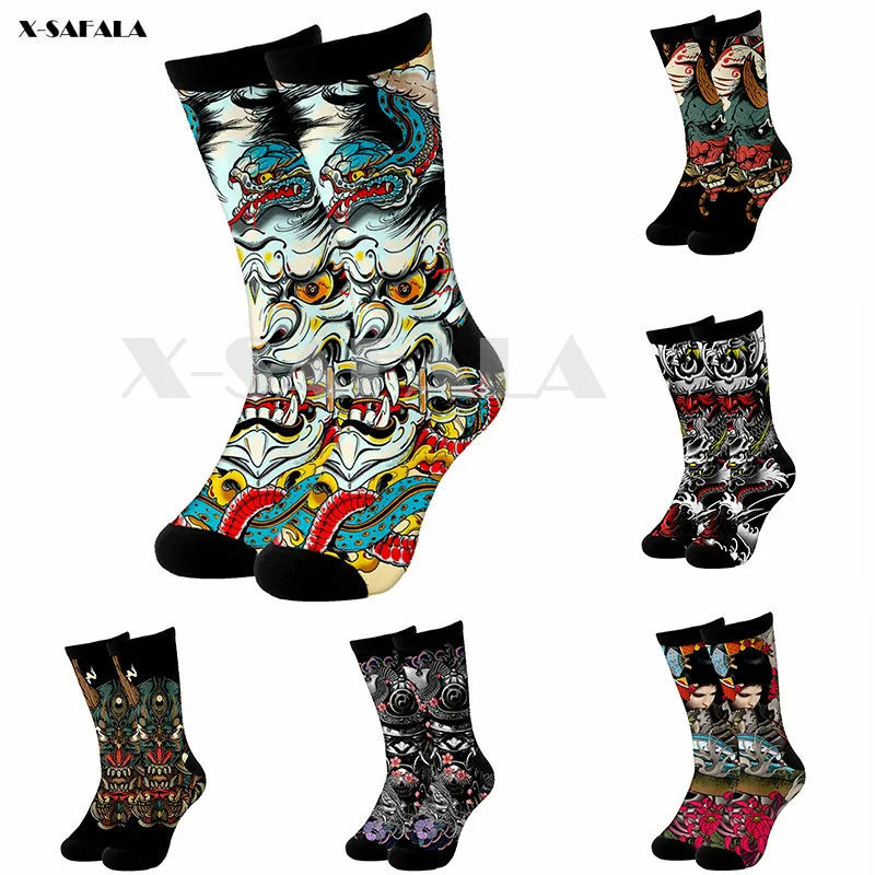 Calcetines largos de para hombre y mujer, medias altas con diseño de arte de tatuaje samurái en 3D, a moda, informales, divertidas y coloridas, para ciclismo, novedad, 1 - AliExpress