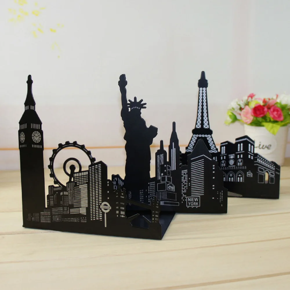 

1 Pair of Famous Scenic Spots Style Metal Iron Desk Art Bookend Non-skid Art Bookends Bookrack Book Ends Shelf Rack