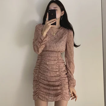 

Pleated Dress Chiffon Floral Long Sleeve v Neck Mini Vestido Curto Party Elegant Pink Vestidos Primavera Verano 2020 Robe Femme
