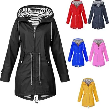 

Women Solid Color Stripe Outdoor Waterproof Hooded Raincoat Jacket Midi Coat