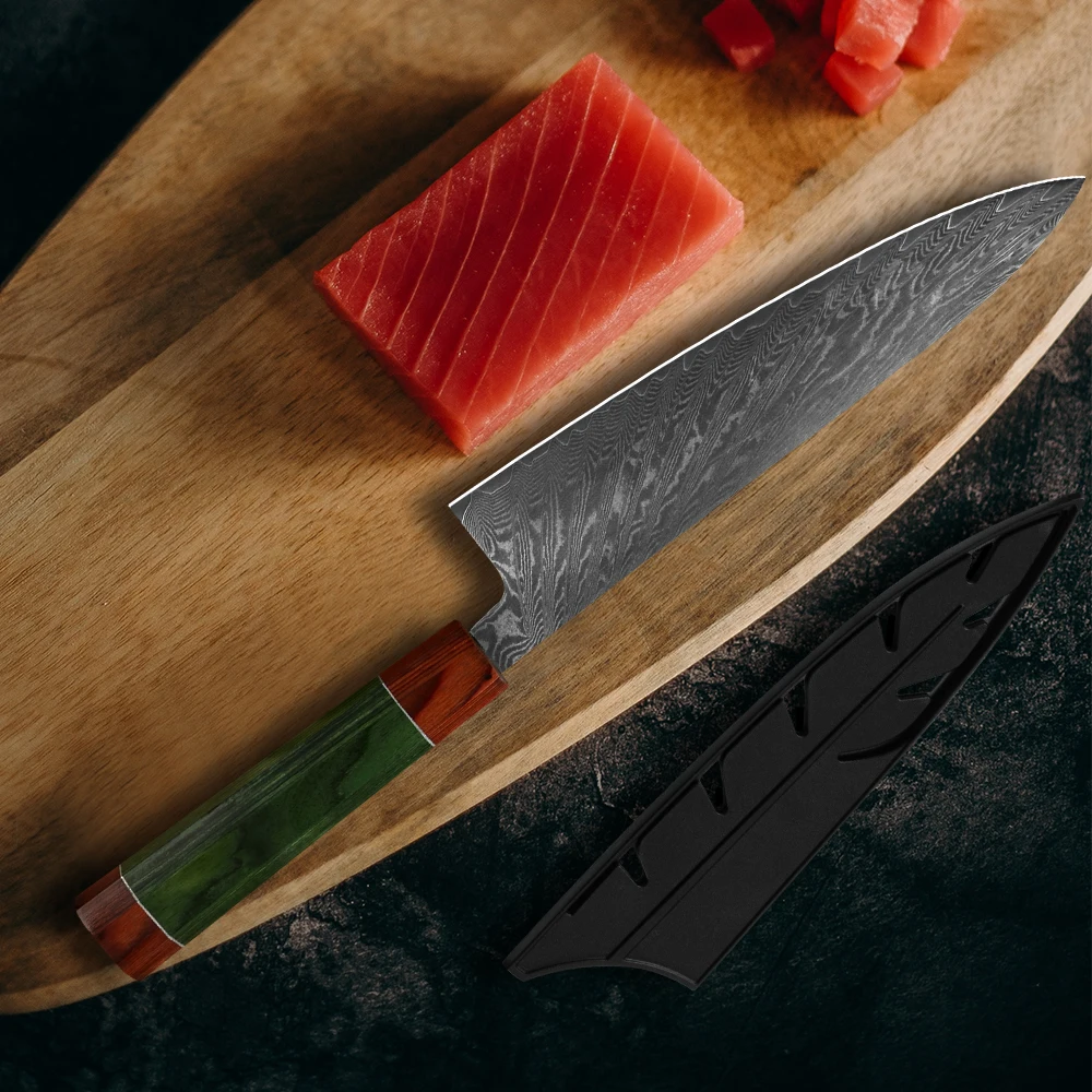 大马士革八角彩木柄方头8寸千羽纹厨师刀详情页_02