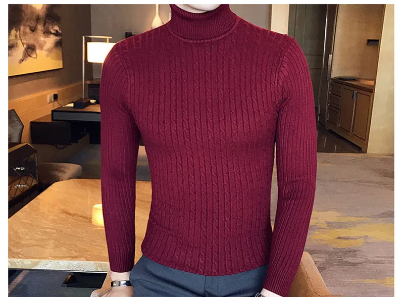 Wine red Зимний толстый теплый мужской свитер с высоким воротником, фирменные мужские свитера с высоким воротником, облегающий пуловер, Мужская трикотажная одежда с двойным воротником - Цвет: Wine red