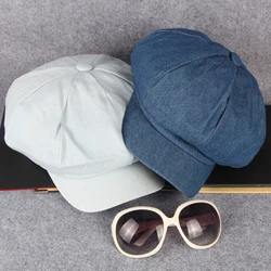 HT1618 Western Style Men Women Caps Hats Casual Solid Denim Flat Newsboy Caps Painter Artist Octagonal Beret Caps Retro Berets