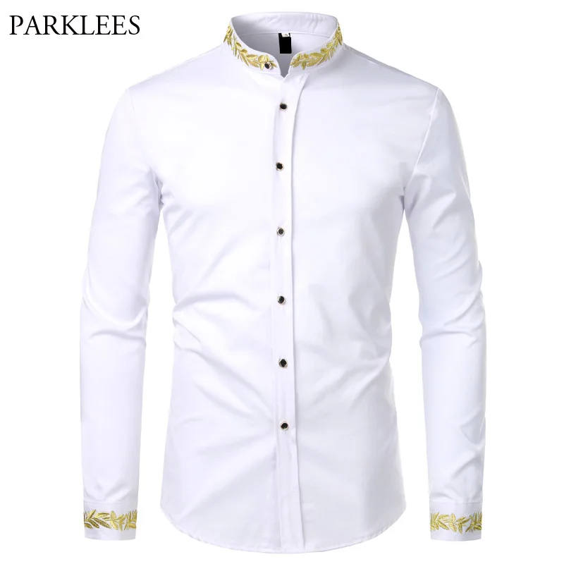 Gold Embroidery White Shirt Men Brand ...