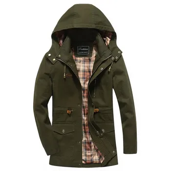

Men Casual Cargo Long Trench Coat Military Style Windbreaker Parkas For Male With Detachable Hood Long Jackets Plus Size
