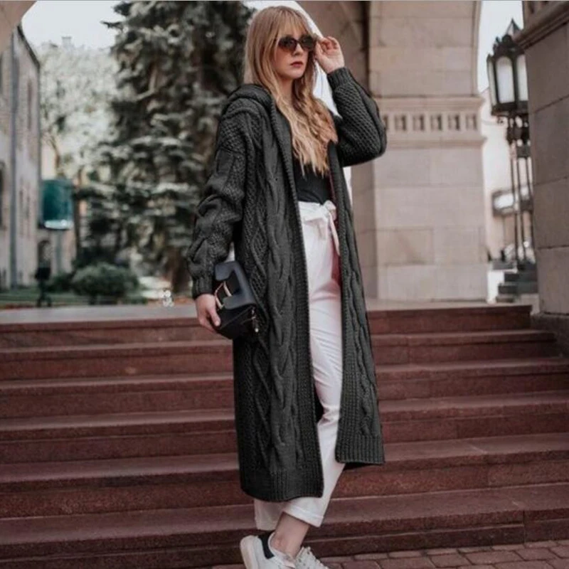 Women Knitted Hooded Cardigan Sweater Plus Size Winter Hooded Thick Knit Cardigan Warm Loose Outwear Tops Hemp Sweater Coat 5XL