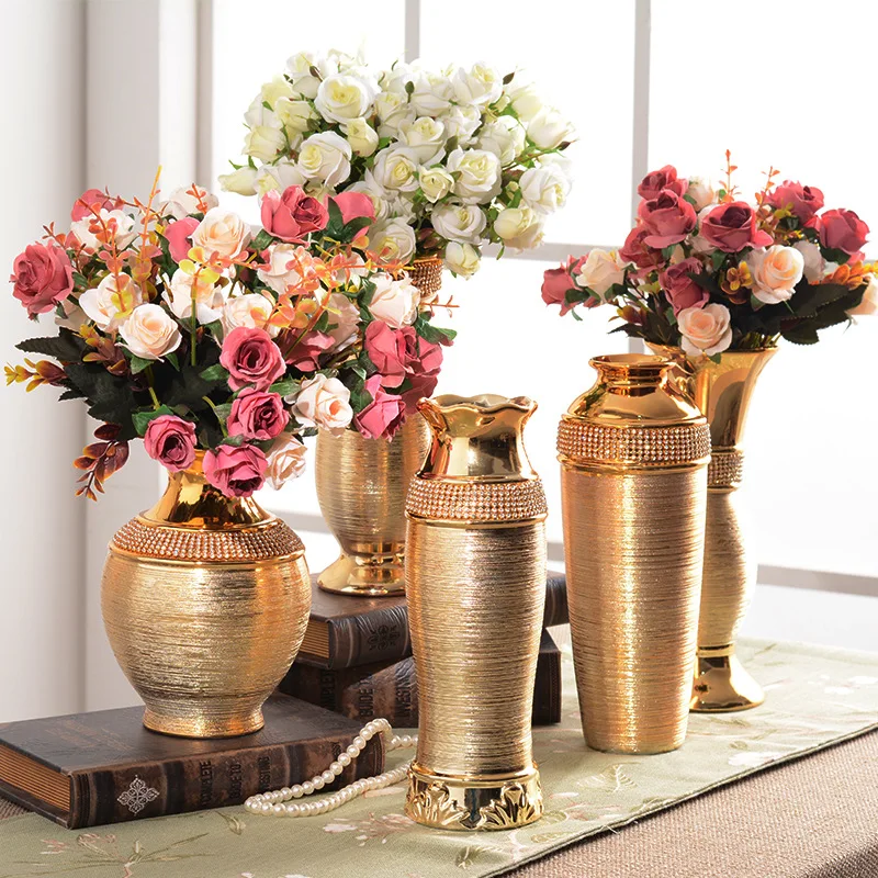 

European-style Electroplated Golden Vase Ceramic Small Vase Decoration Wedding For Flowers Tabletop Decoration Round Belly Vase