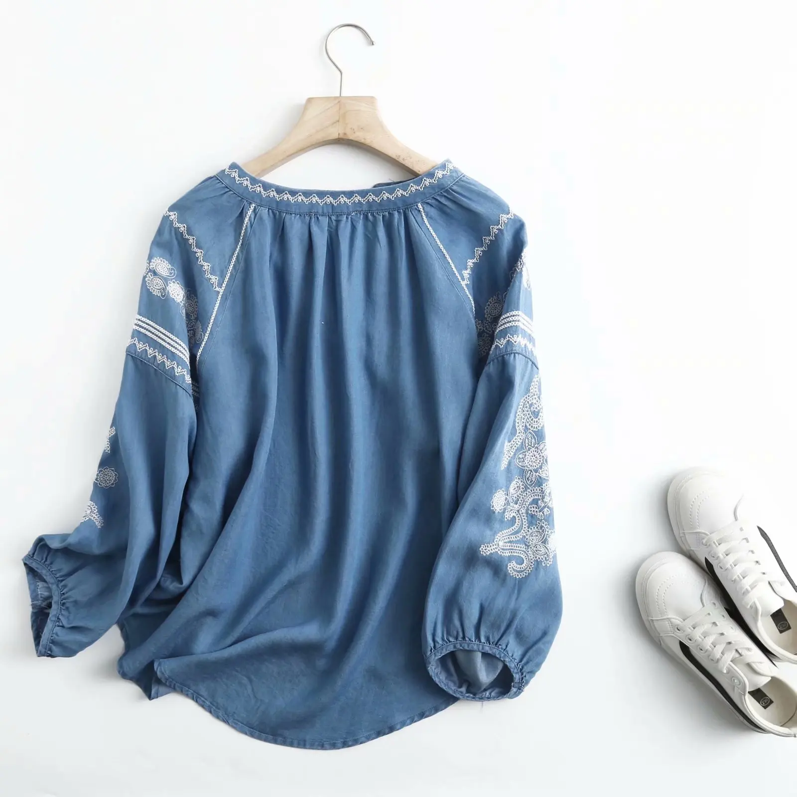spring embroidery denim shirt women cotton casual v neck soft light blue denim tops and blouses blusas mujer new 3