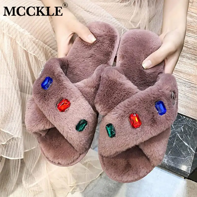 

MCCKLE Women Home Slippers Open Toe Flat Crystal Fluffy Plush Winter Warm Female Indoor Furry Cross Shoes Bedroom Footwear