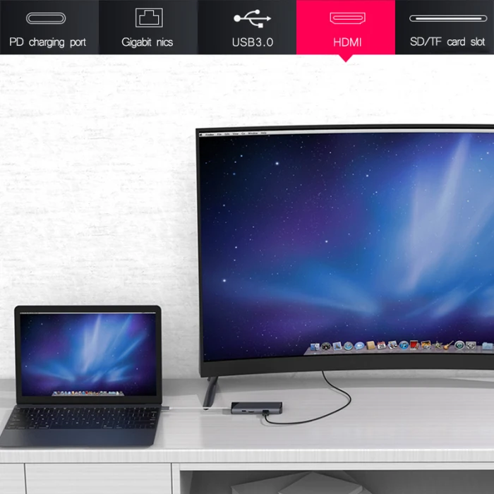 Многопортовое «7-в-1 концентратор Тип с разъемами типа C и USB3.0 4K HDMI устройство для чтения карт SD TF Ethernet-адаптер док-станция GK99