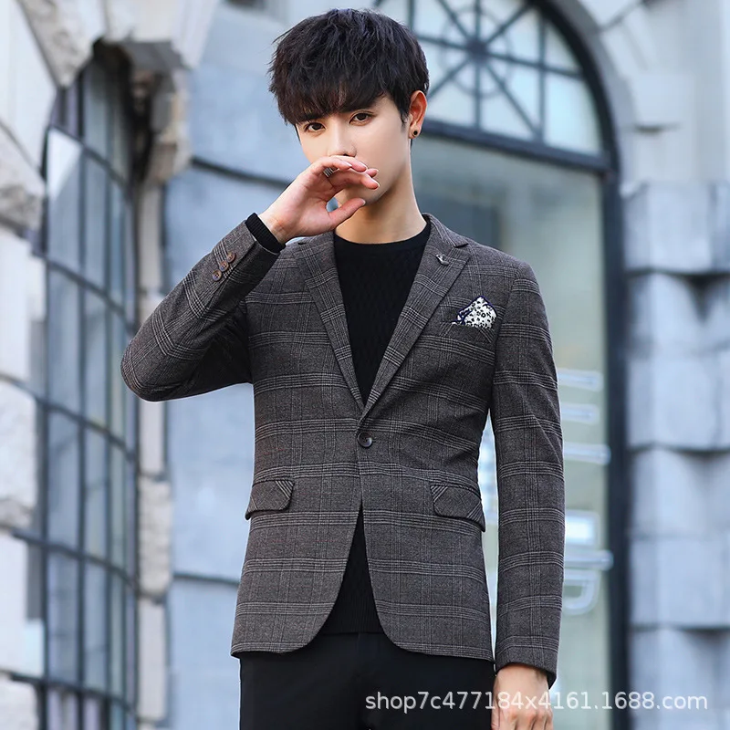 Autumn Plaid Blazer Men Coat Slim Korean Handsome Trend Business Casual Suit Men Youth Top Men Suit Jacket Mens Blazer BB50XZ