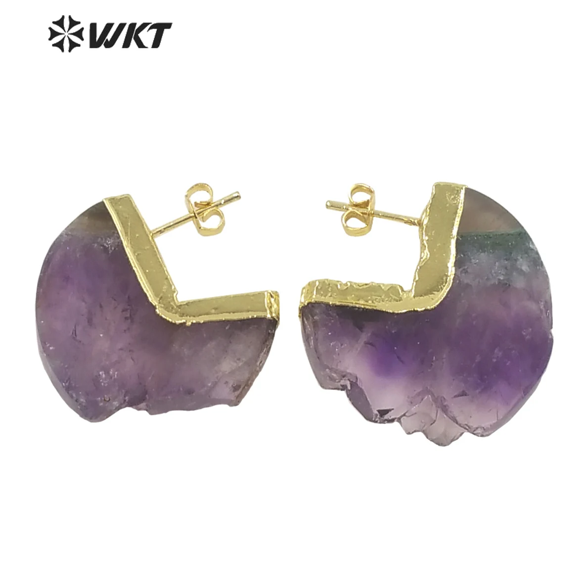 

WT-E648 Amazing fashion gold electroplated moon shape slice Amethysts stone studs earrings women Gorgeous half moon earrings