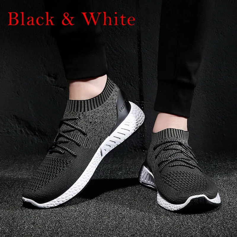 WENYUJH, мужские кроссовки, вязанный верх, стильная, на шнуровке, противоскользящая обувь для бега, мягкая подкладка, мужские кроссовки для фитнеса, дышащая Спортивная обувь - Цвет: Black white 2