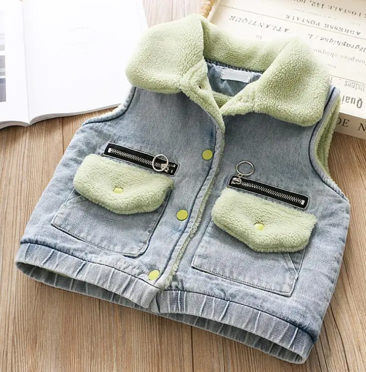 pic New Arrival Girls Denim Fleece Vest Fashion Autumn Winter Kids Waistcoat Baby Girl Clothes 2-7t - Color: pic
