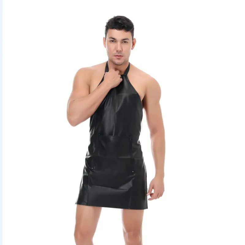 Mens Sexy Lingerie Black Leather Sexy Erotic Apron Front Open Crotch Crotchless Male Cosplay Uniforms Nightclub Stage Ds Costume
