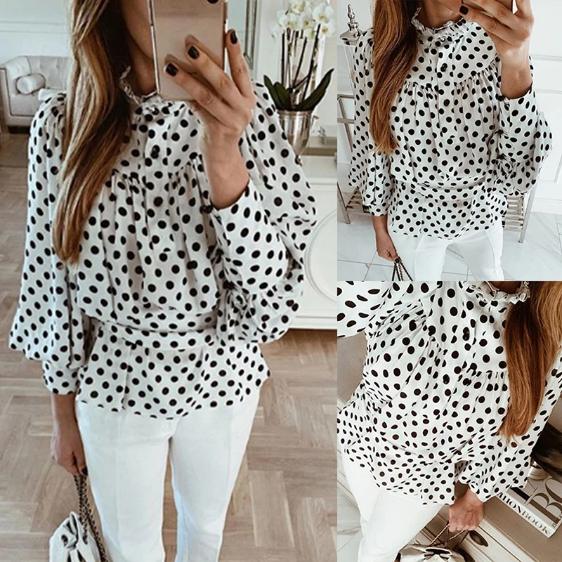2019 New Arrivals Casual Polka Dot Turtlneck Lantern Sleeve Women Blouse Sexy Tops Women Blouse and Shirt Fall Clothing