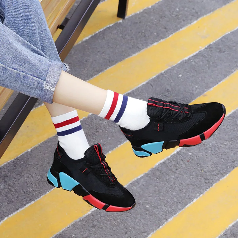 black red 9209 Г. Новая Осенняя женская обувь для альпинизма кроссовки на плоской подошве с круглым носком женская повседневная обувь на шнуровке смешанных цветов для активного отдыха - Цвет: black red 9209