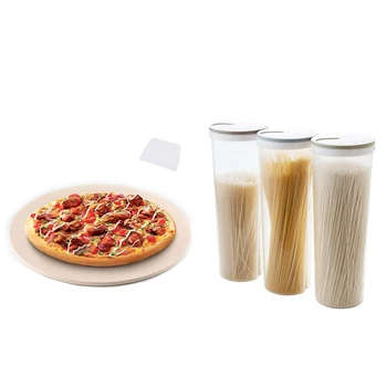 

Set of 3 Cylinder Shaped Noodle Container Spaghetti Canister Food Storage Box with PRound Pizza Stone