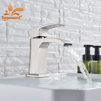 

Chrome Waterfall Spout Bathroom Sink Faucet Single Hole Deck Mount Hot Cold Mixer Tap Short Type