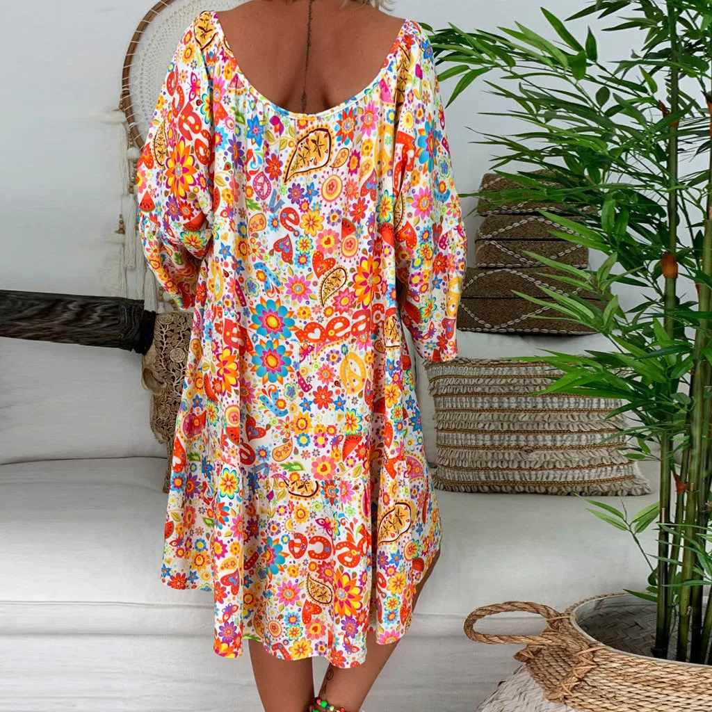 Женское платье Винтаж Boho Цветочный принт Туника Женская праздничная, зеленый, розовый, желтый, розовый, мини-платье для маленьких девочек летнее платье с v-образным вырезом Повседневные платья# G7