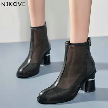 

NIKOVE 2020 Women Summer Shoes Square High Heel Round Toe Zipper Black Boots Ankle Boots Elegant Black Woman Shoes Size 34-42