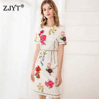 

2020 Runway Fashion Summer Dresses Woman Clothes Elegant Short Sleeve Rivet Floral Print Dress Plus Size Office Party Vestidos