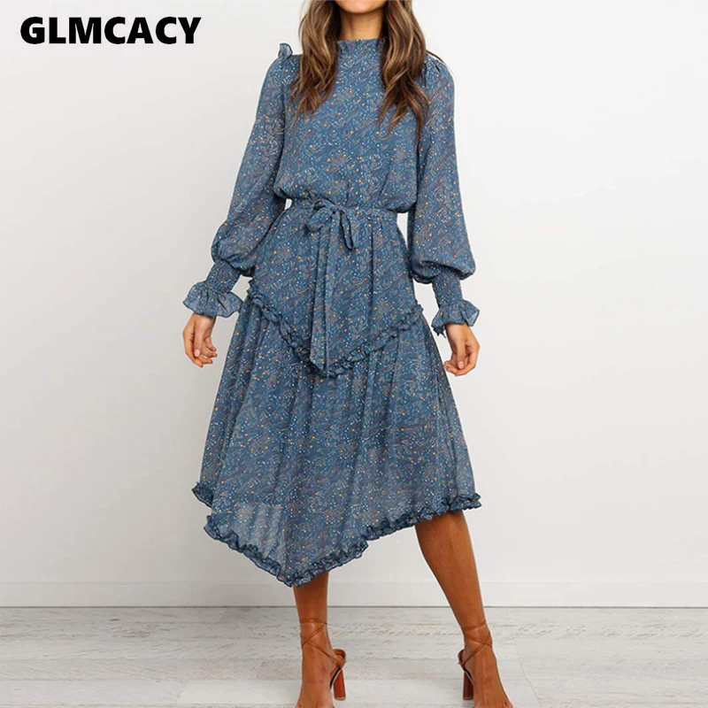 

Women Fall Long Dress Casual Boho Floral Print Beach Dress Sexy Ruffles Bodycon Holiday Party Dress