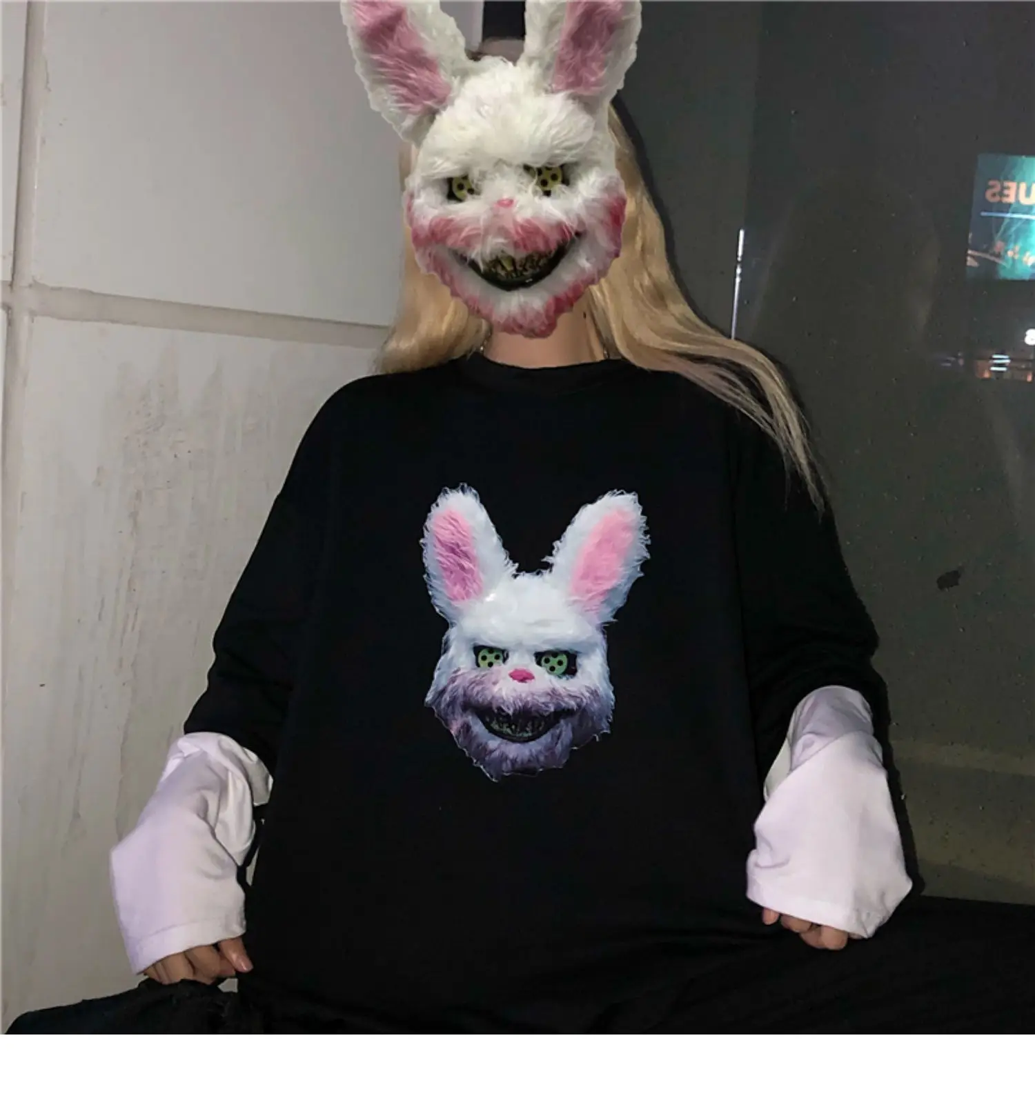Harajuku уличная футболка Женские рубашки-топы Осень корейский стиль Ulzzang поддельные два кролика печати длинный рукав футболки женские топы