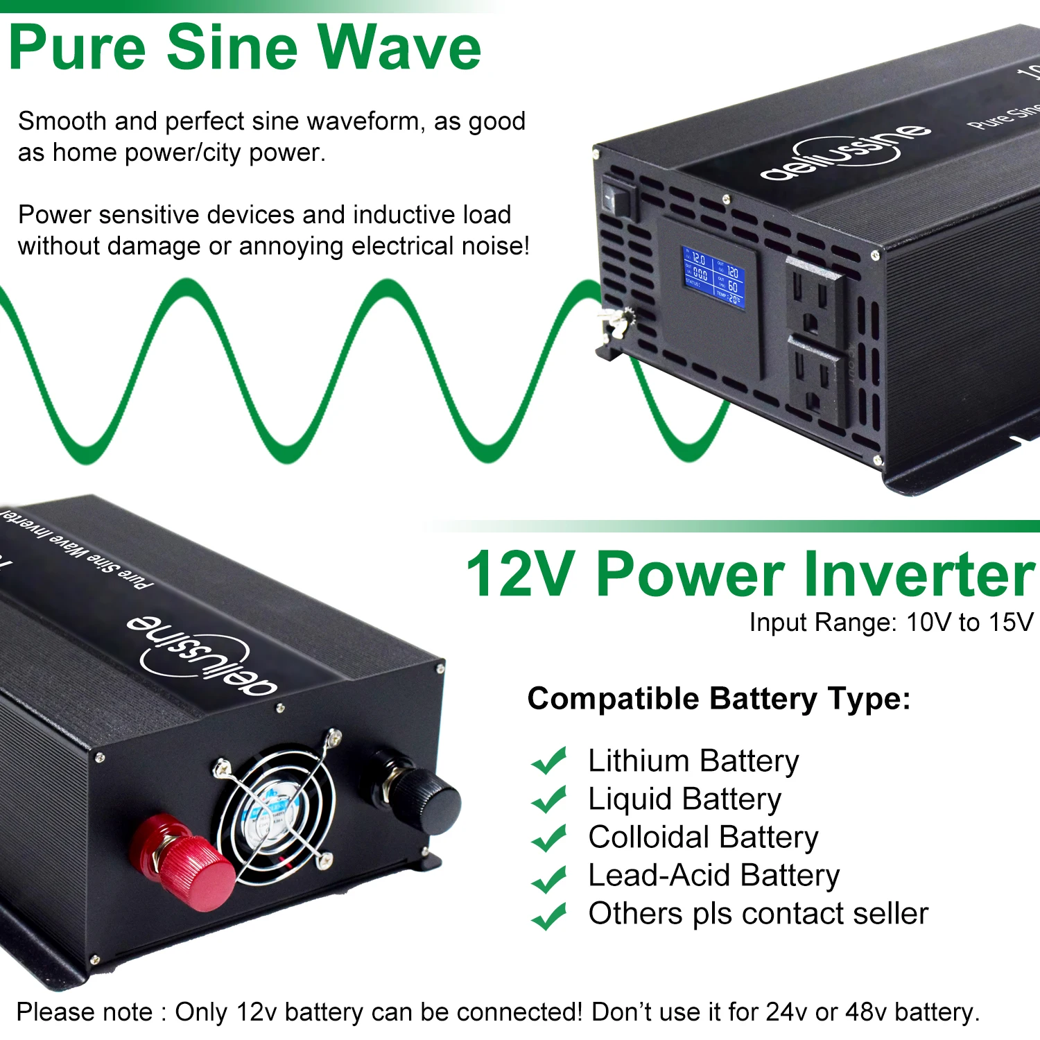 Description Picture 5 of item1000W Pure Sine Wave Inverter 12V/24V/36V/48V DC to 120V/220V/240V AC Battery Converter Solar Panel Power Inverter Transformer