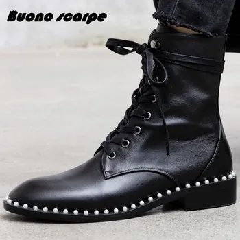 

Buonoscarpe 2020 Autumn Winter Cow Leather Boots Ladies Martin Boots Motorcycle Ankle Boots Pearl Lace-up Round Toe Rivet Shoes
