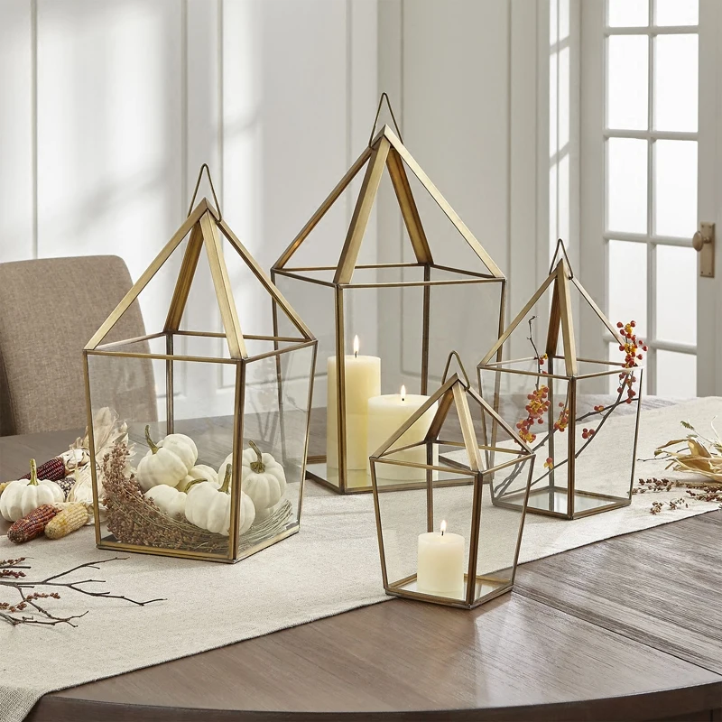 

Big Villa Garden Iron Windproof Candle Lantern European-style Candle Holder Glass Gold Candle Holders Wedding Moroccan Lanterns