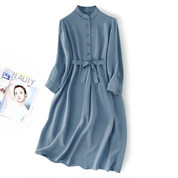 

Plus Size 2020 Women Spring Dresses Long Blue Dress With Belt Women Clothes wholesale Drop Shipping
