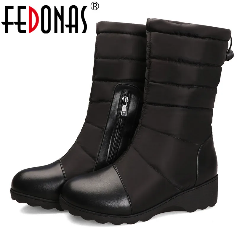 

FEDONAS Women Pu Down Mid-Calf Boots Winter Warm Female Big Size Wedges Zipper Snow Boots Casual Office Shoes Woman Long Boots