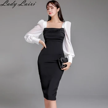 

Autumn Women Formal Party Dress Women Elegant Black White patchwork Square-neck Long Sleeve Bodycon pencil Dress