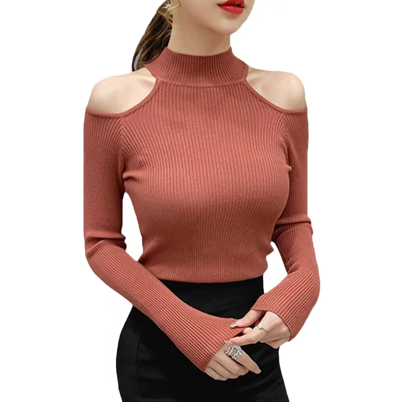 

2020 Sexy Off Shoulder Knitted Sweater Women Elegant Solid Skinny Slim Pullover And Sweater Autumn Winter Solid Women Sweater