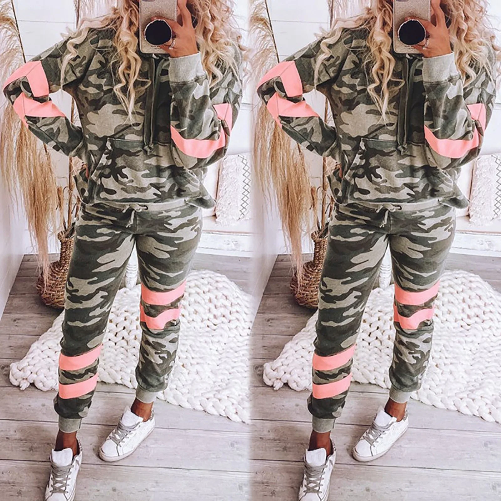Fashion Women Camouflage Tracksuit Hooded Long Sleeve Tops Sweatpants Suit Two Piece Set Matching Set Casual Sport Set#g30 1