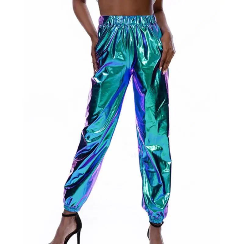

Womens Glitter Metallic Jogger Pants Holographic Sweatpant Beam Foot Harem Hip Hop Dance Trousers Club Streetwear with Pockets