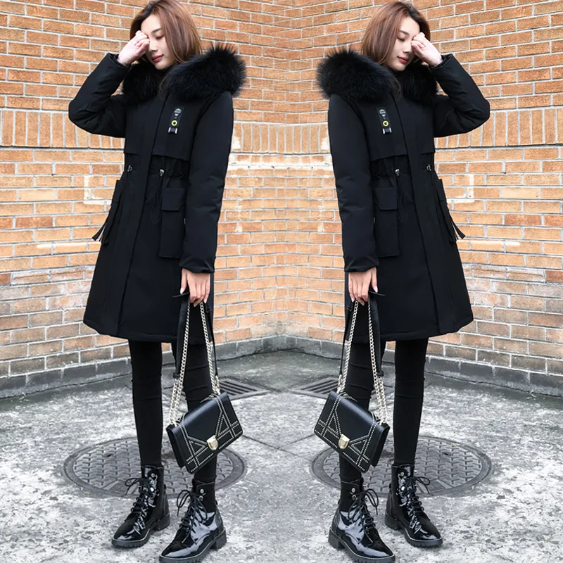 

2019 Winter New Style Simple Versatile Parka Korean-style Fashion Hooded Mid-length Black And White with Pattern Cotton-padded C