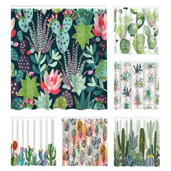 

1PC 180*180cm Hot Waterproof Shower Curtain For Bathroom Tropical Plants Cactus Print Bathtub Curtains Polyester Green Curtain