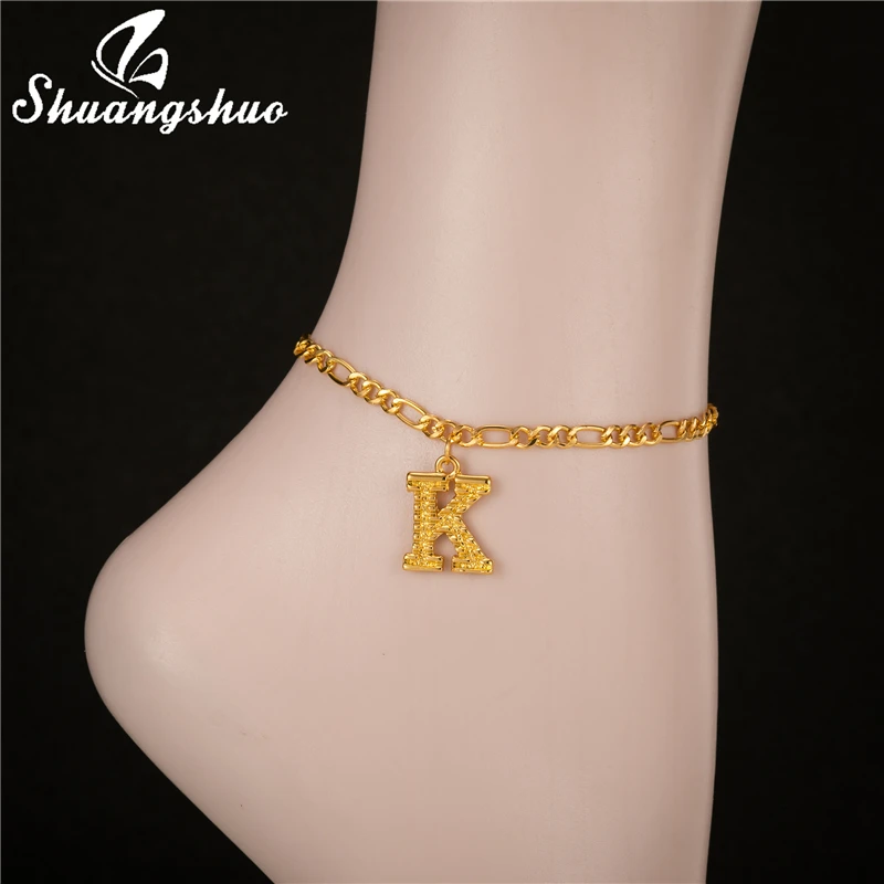 Tobilleras con iniciales de Color dorado para mujer, de acero con letras del alfabeto, pulsera de pierna con nombre, regalos de navidad A/B/C/K|Tobilleras| - AliExpress