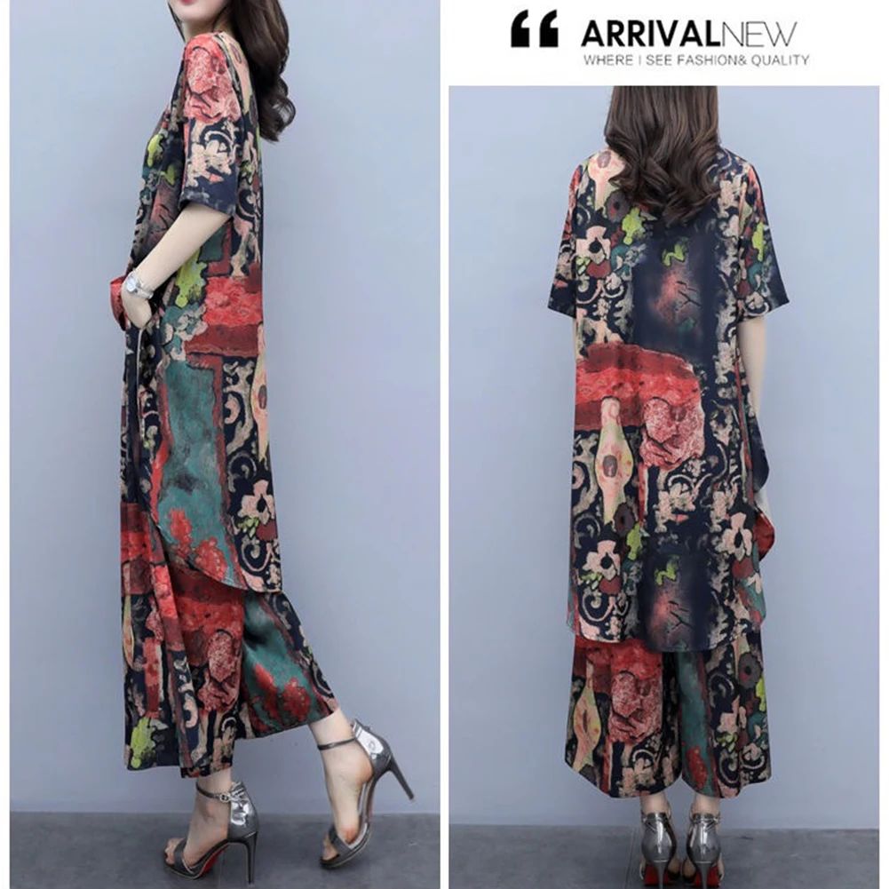 Retro Floral Short Sleeve Round Neck Summer Wide Leg Pants T-shirt Blouse Set Casual Elastic 2020 New Fashion Loose Long Pants cute pj sets