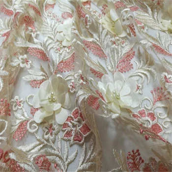 

6Colours Three-dimensional Embroidered Mesh Lace Fabric With Pearl DIY Cloth Fabric Materials For Sewing Wedding Party Dress 1M