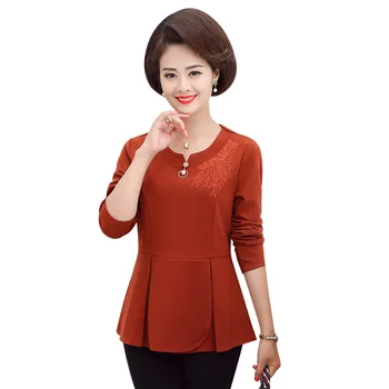 

Long Sleeves Embroidery T-Shirts Fall Women Tee Tops Spring New Casual Plus Size Middle Age Mother V-Neck Tshirt Slim Pullover