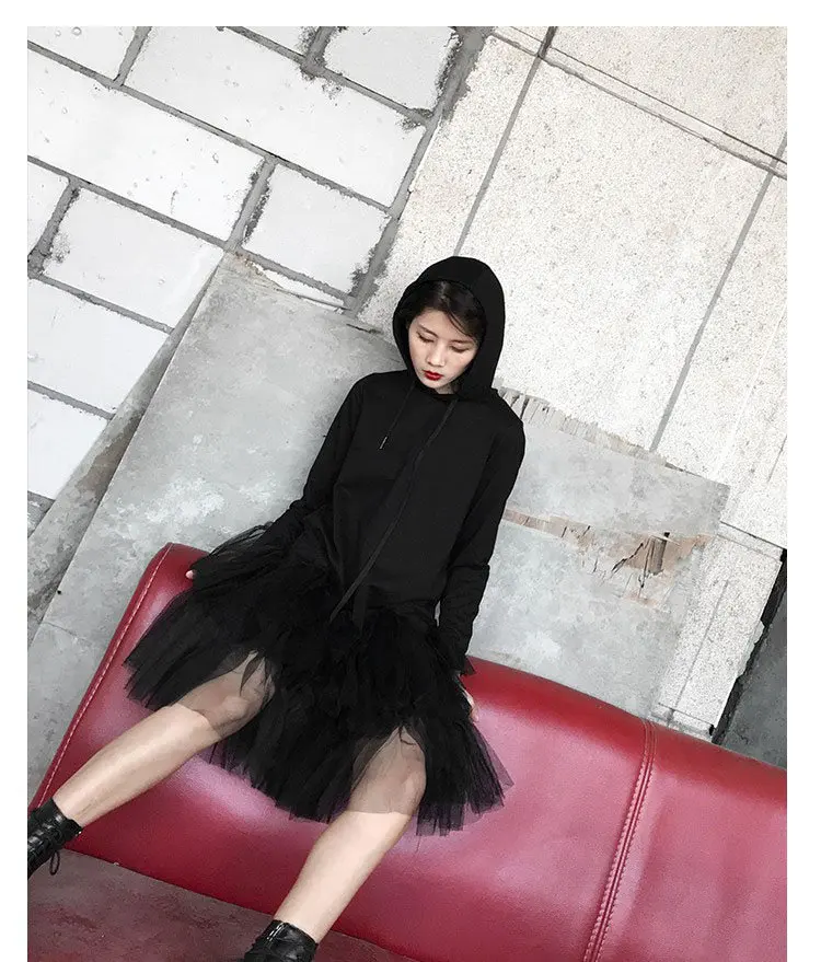 Прямое кружевное платье на шнурке, женская одежда, зимнее черное лоскутное Повседневное платье с капюшоном и воротником, DMY2086