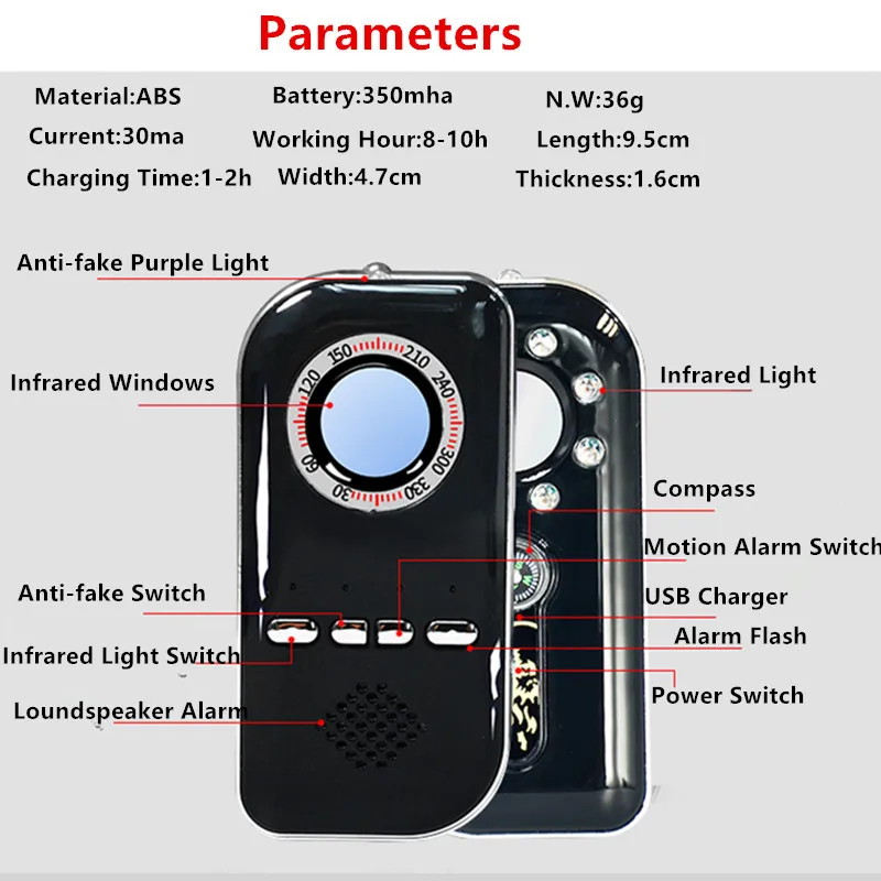 Анти-шпион, утерянная кража, камера, искатель 5 в 1, детектор сигнала, инфракрасный сканер, персональный датчик охранной сигнализации, анти-поддельный светильник