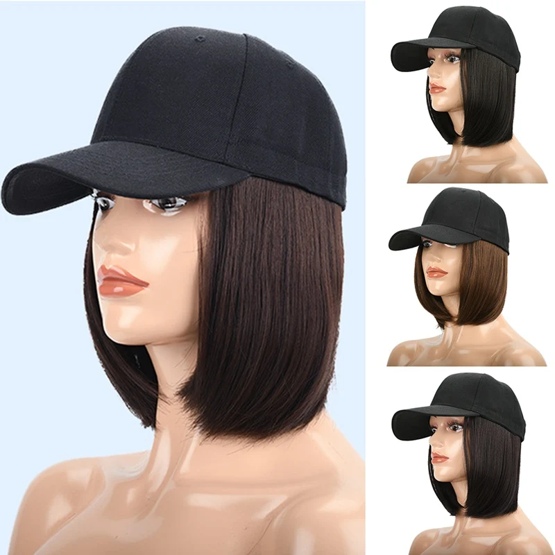 Women Girls Short One-piece Wig Bobo Head Synthetic Hair Baseball Hat with Wigs